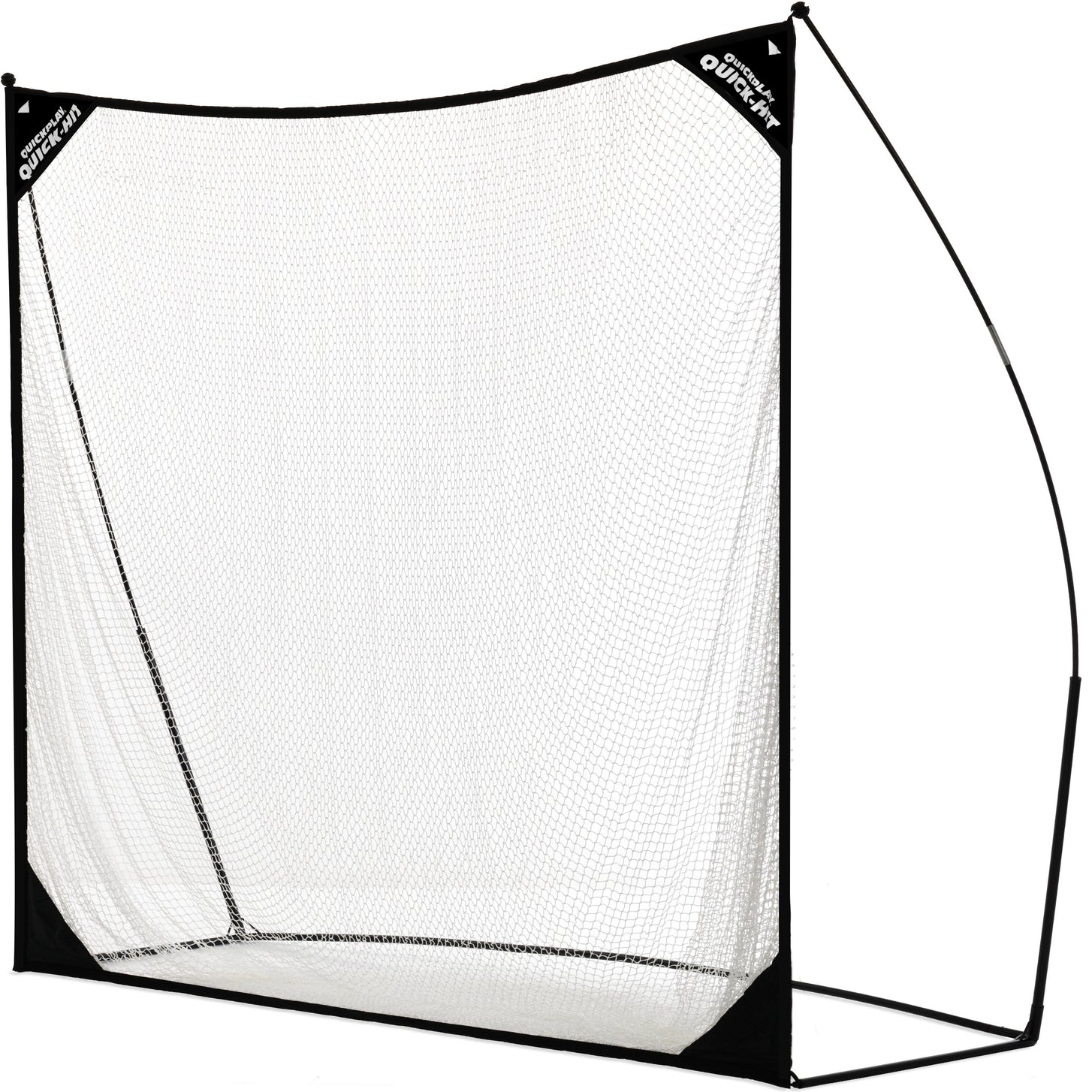 QUICK-HIT Golfnetz 240 x 240 cm mit schwarzem Rahmen und weißem Netz, schräg von der Seite vor weißem Hintergrund.