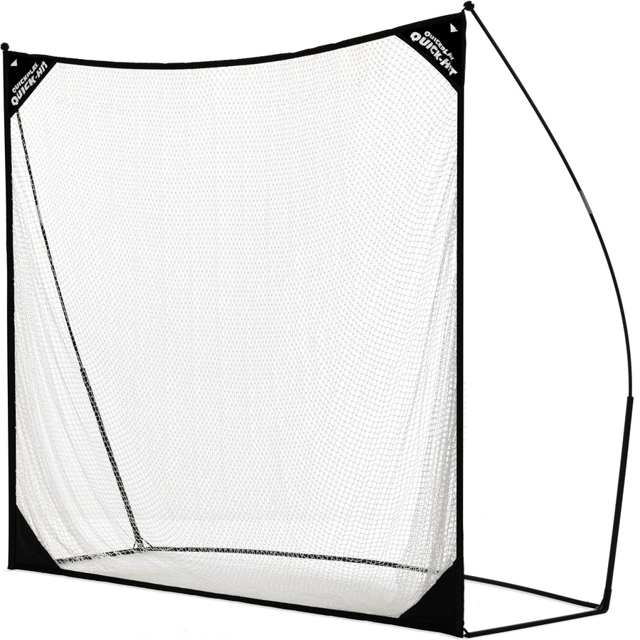 QUICK-HIT Golfnetz 240 x 240 cm mit schwarzem Rahmen und weißem Netz, schräg von der Seite vor weißem Hintergrund.