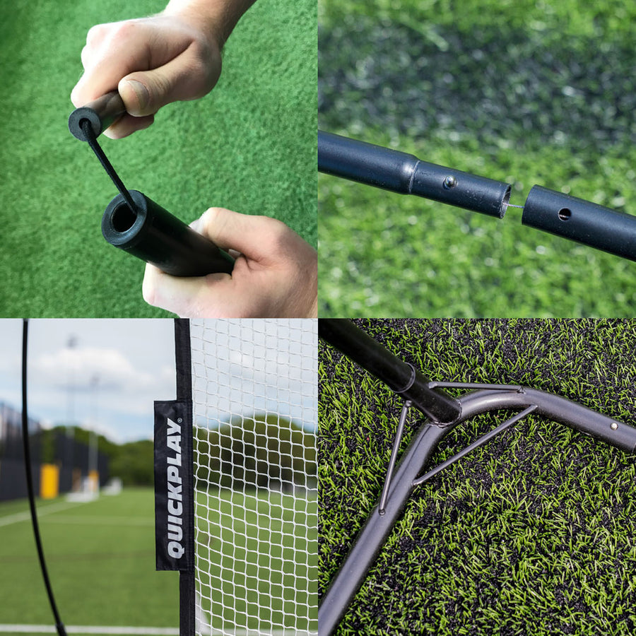 MEGA NET XL Detail-Nahaufnahmen: Stangensegmente mit Gummizug, verbundene Stangen, QUICKPLAY Etikett und Bodenrahmen.