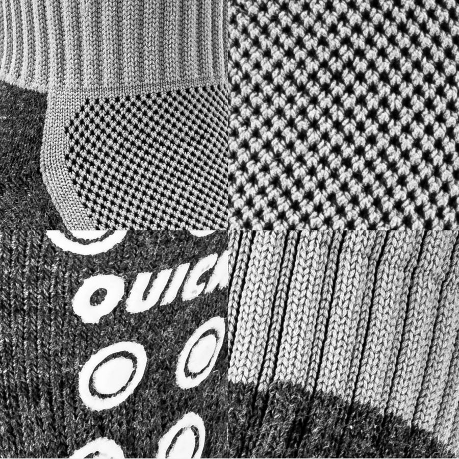 Stoff-Nahaufnahmen der QUICKPLAY Grip-Socken in vier Feldern: Mesh-Einsatz, Mesh-Detail, Grip-Noppen und gerippter Bund.