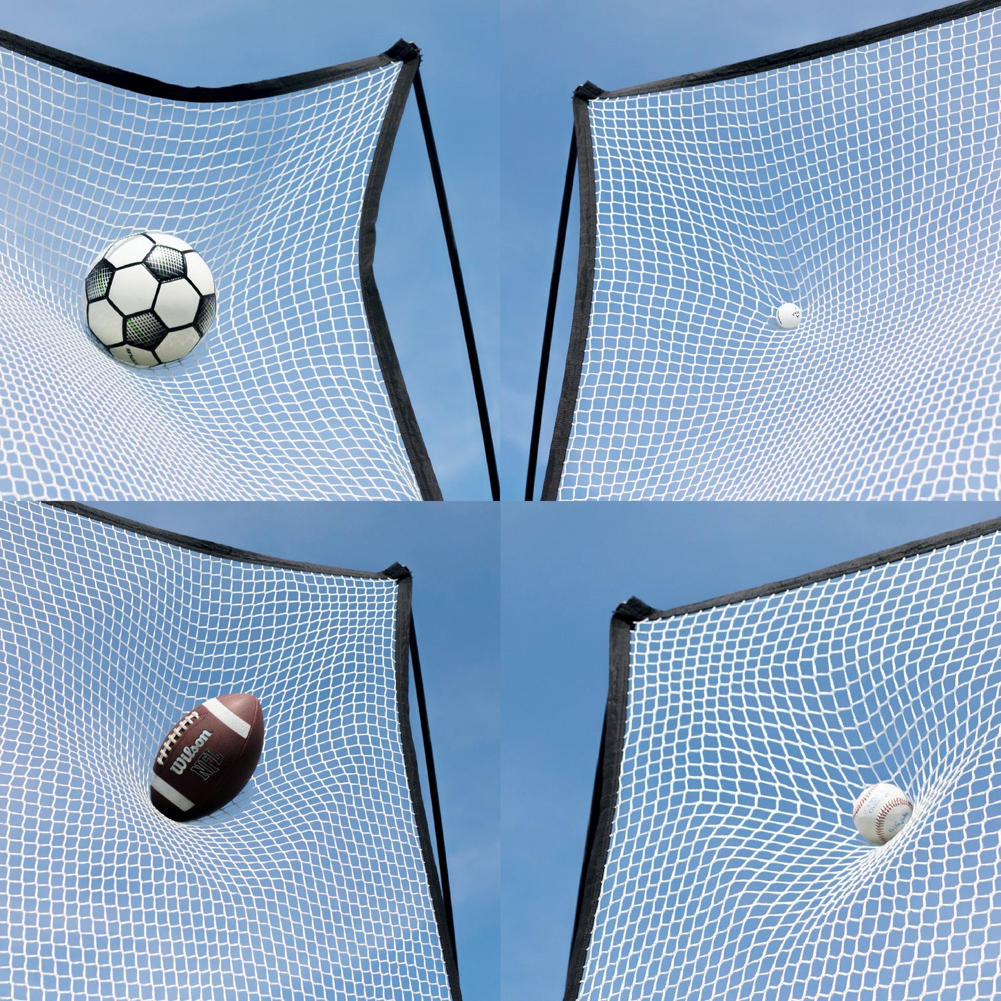 Erweiterungsnetz 240 x 270 cm für MEGA NET, Grafik: vier Bälle verschiedener Sportarten dehnen das weiße Netz.