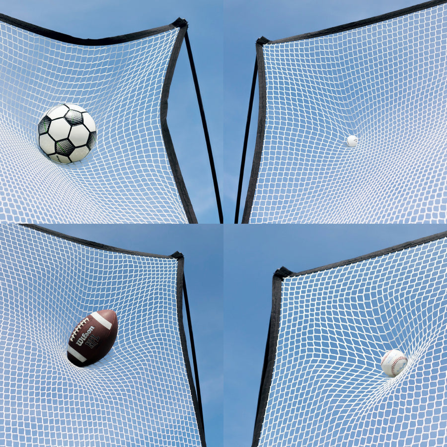 Erweiterungsnetz 240 x 270 cm für MEGA NET, Grafik: vier Bälle verschiedener Sportarten dehnen das weiße Netz.