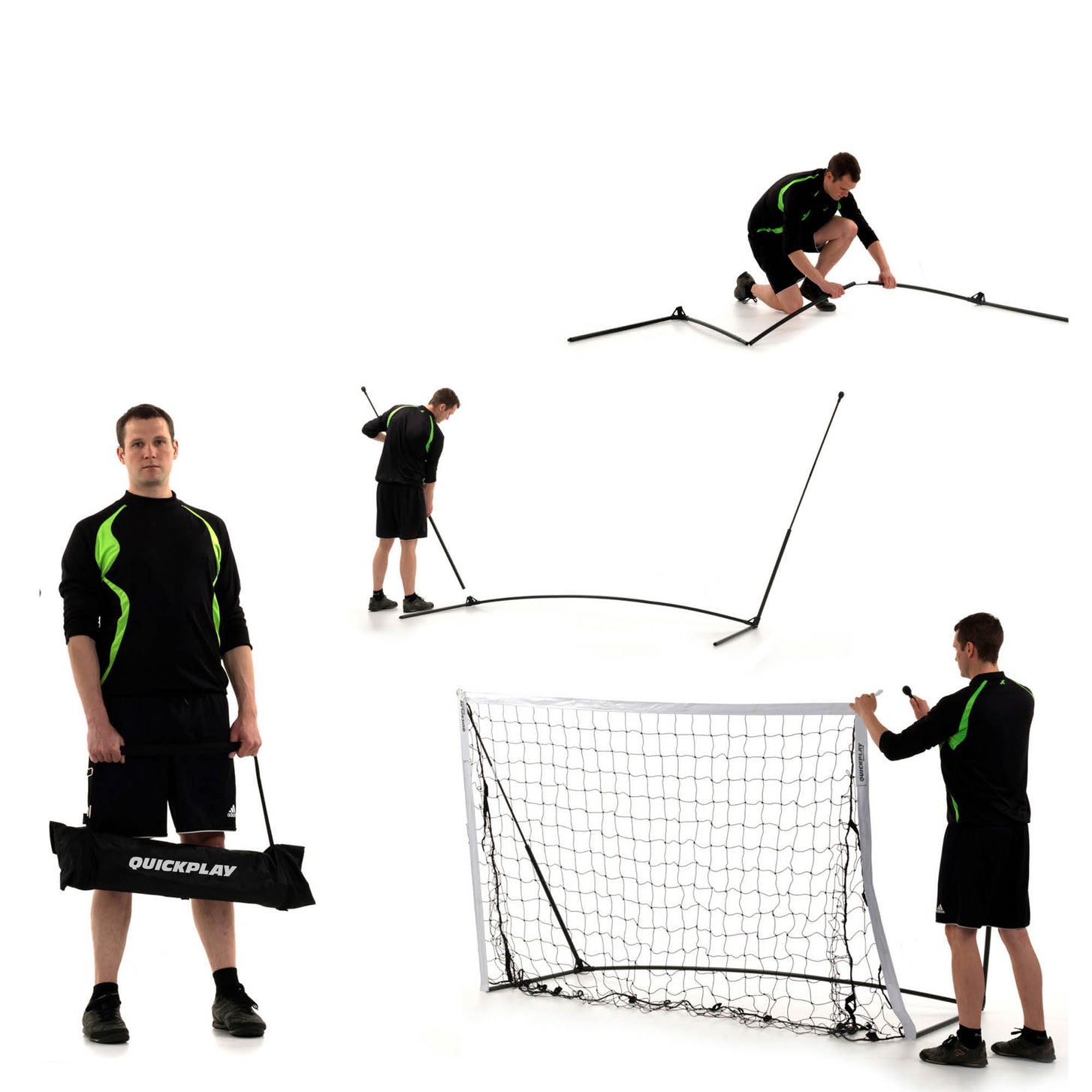KICKSTER Elite 150 x 100 cm, Aufbauschritte: Ein Mann hält die Tasche, baut den Rahmen auf und steht dann neben dem Tor.