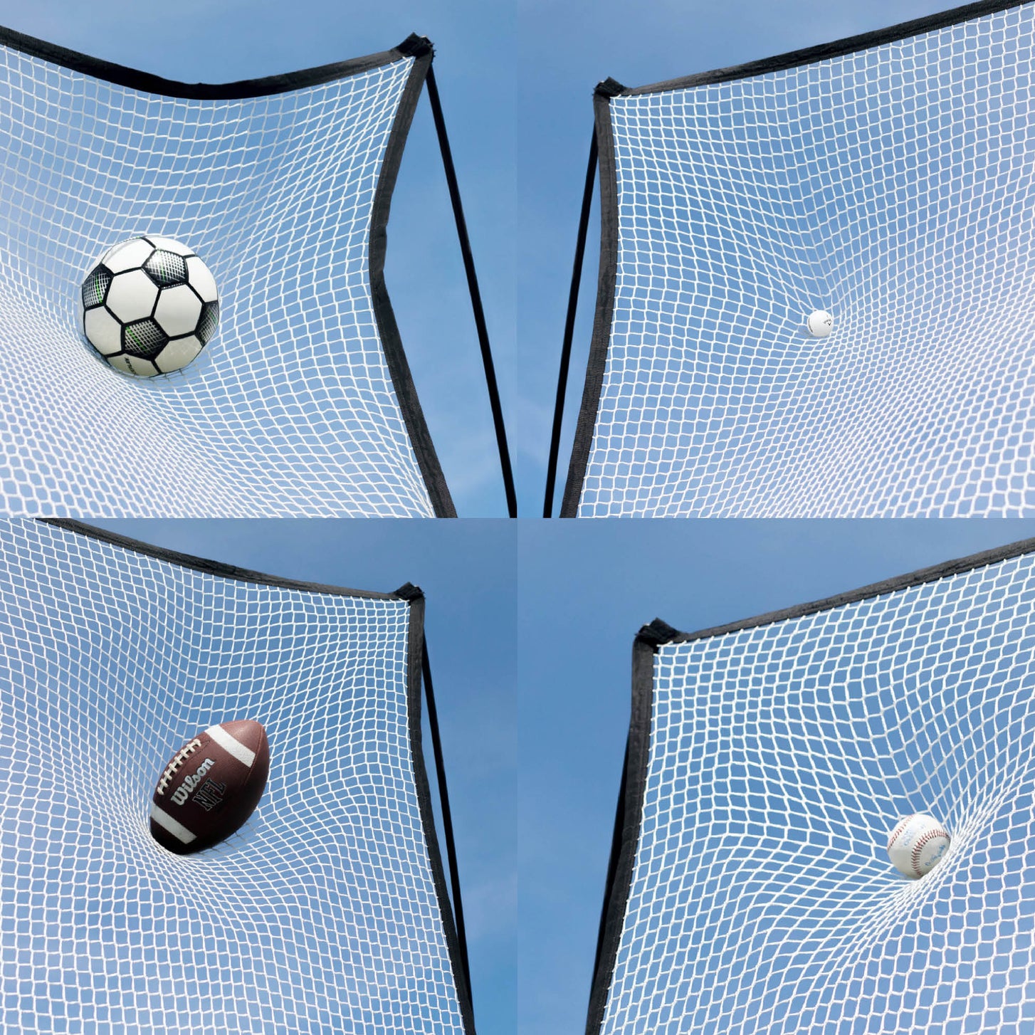 MEGA NET 370 x 270 cm, Nahaufnahmen in vier Feldern: Das Netz fängt einen Fußball, einen Golfball, einen American Football und einen Baseball.