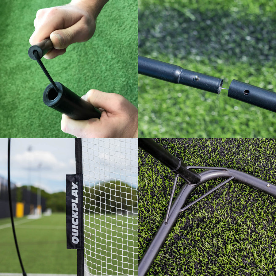 MEGA NET 370 x 270 cm, Nahaufnahmen in vier Feldern: Hand verbindet zwei Stangensegmente, ein Stangenverbinder, das QUICKPLAY Etikett und ein Bodengelenk.