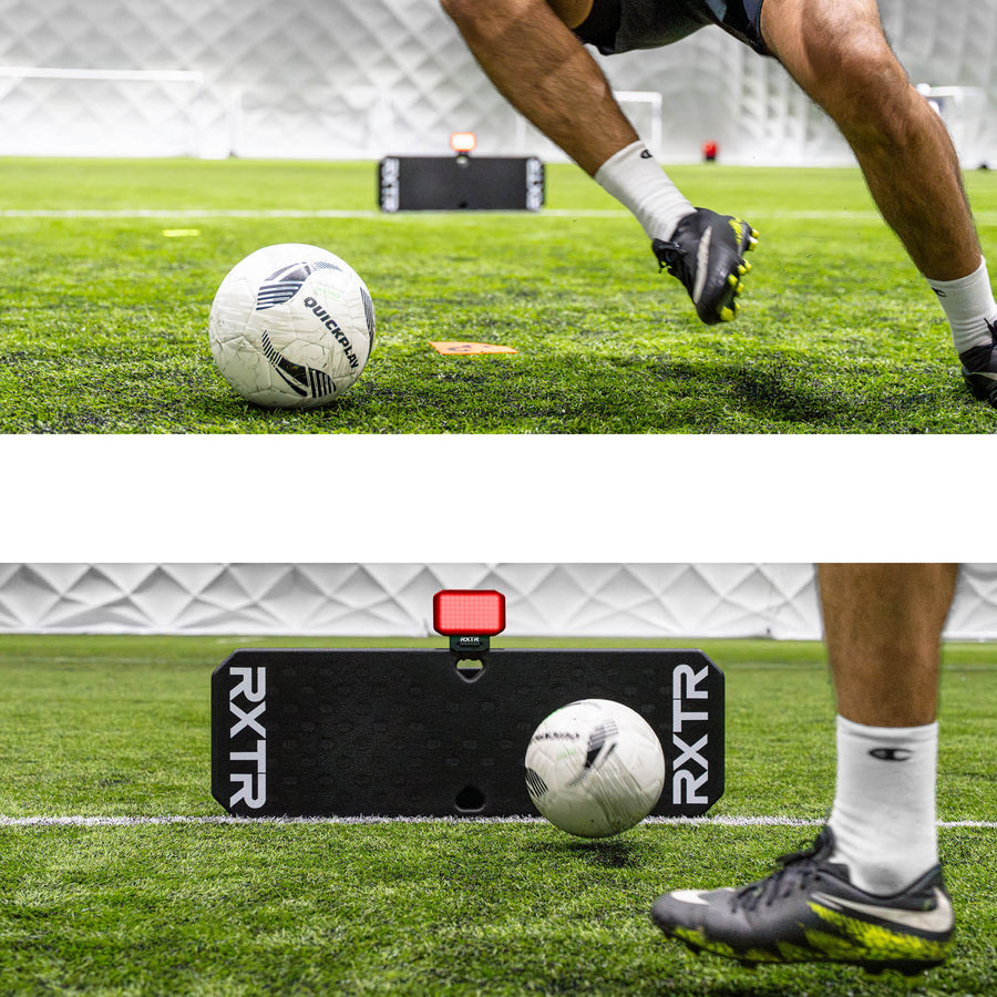 RXTR Pro Coach Fußball-Rebounder mit rotem Licht, in zwei Aufnahmen eines Spielers, der in der Halle darauf passt.