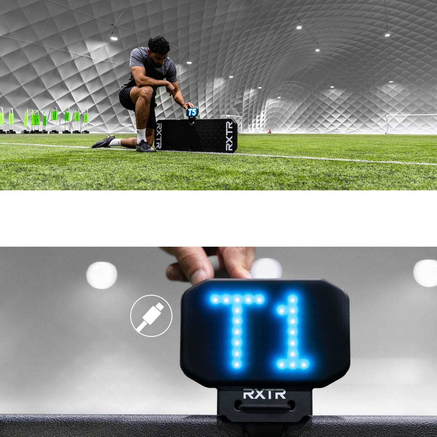RXTR Pro Coach: Spieler setzt in der Halle ein Licht auf den Rebounder, dazu eine Nahaufnahme des Lichts mit T1 und einem Kabelsymbol.