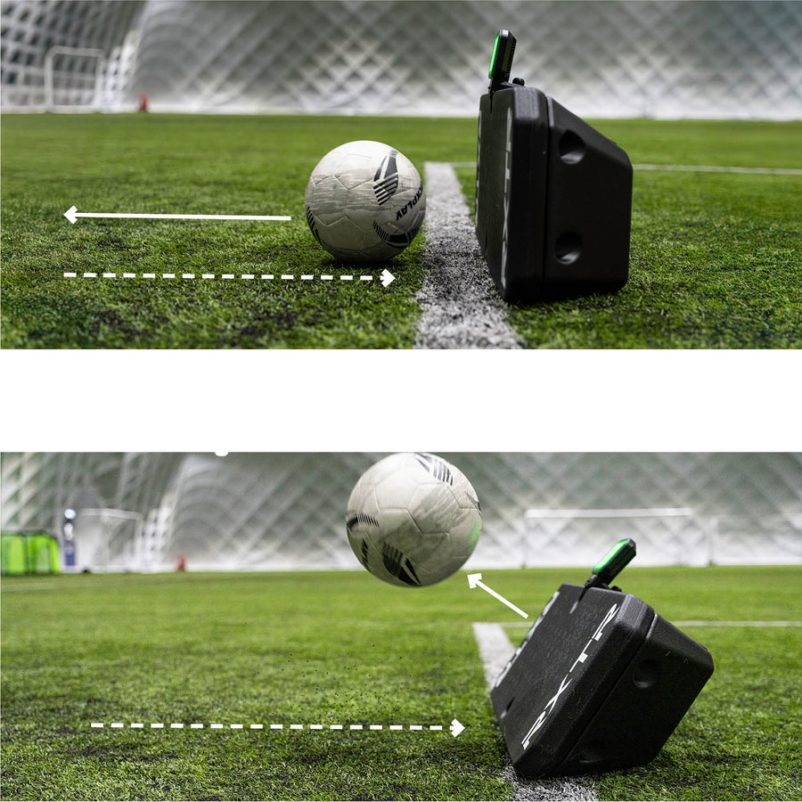 RXTR Pro Coach, Diagramm: Ein Ball rollt von einer schwarzen Rebound-Einheit zurück und steigt dann von ihrer schrägen Seite auf.