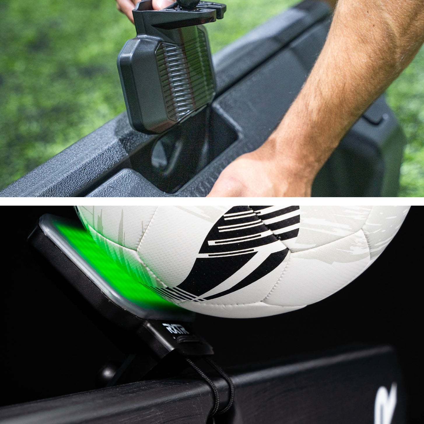 RXTR Pro Coach in Nahaufnahmen: Eine Hand setzt einen Lichthalter in ein schwarzes Board, und ein Ball berührt ein grünes Licht.