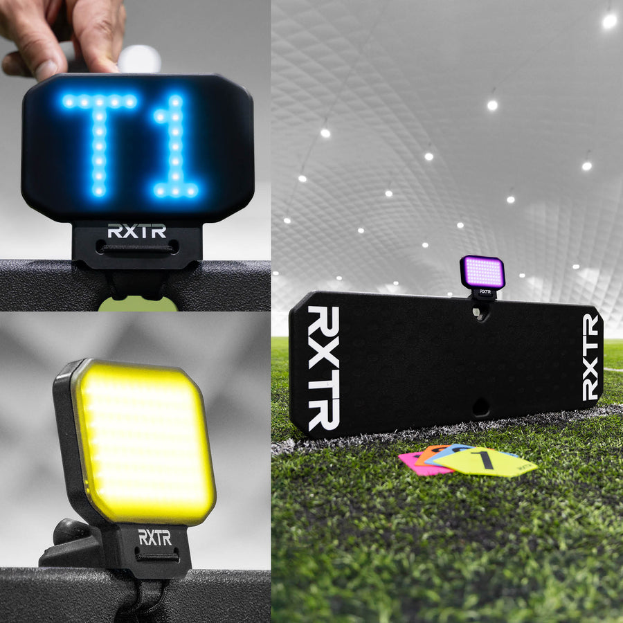 RXTR Pro Coach, Collage: Licht mit T1 in Blau, ein gelbes Licht und der schwarze Rebounder mit violettem Licht und Markierungen.