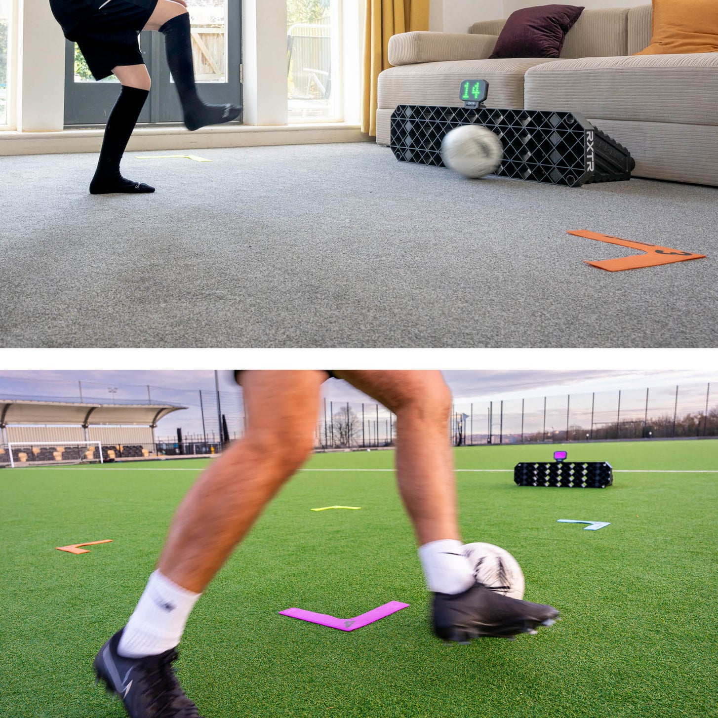 RXTR Reaktionslicht zu Hause auf einem Wohnzimmerteppich mit der Anzeige 14, und draußen, wo ein Spieler an Markierungen vorbeidribbelt.