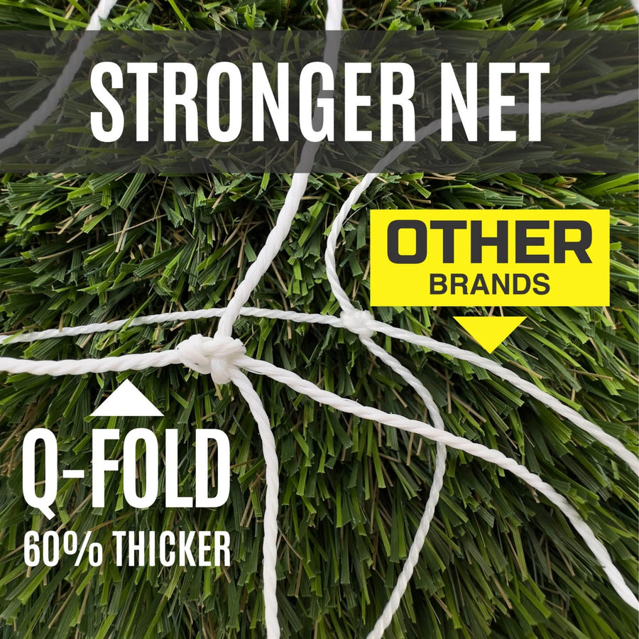 Q-FOLD Fußballtor 240 x 150 cm, Netzschnur in Nahaufnahme auf Kunstrasen im Vergleich mit anderen Marken, Text „60% thicker“.