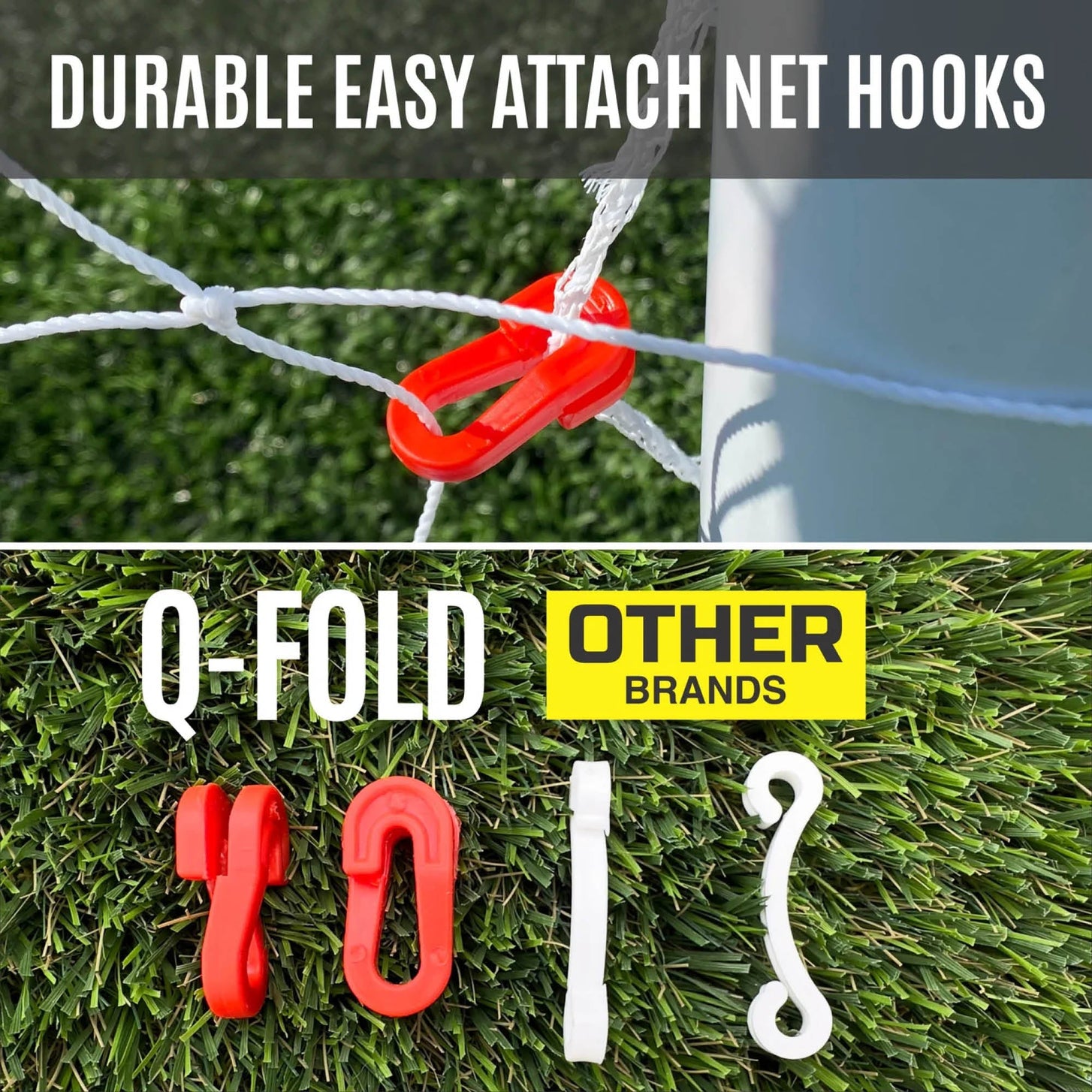 Q-FOLD Fußballtor 240 x 150 cm, Netzhaken-Vergleich: rote Q-FOLD Haken neben weißen Haken anderer Marken.