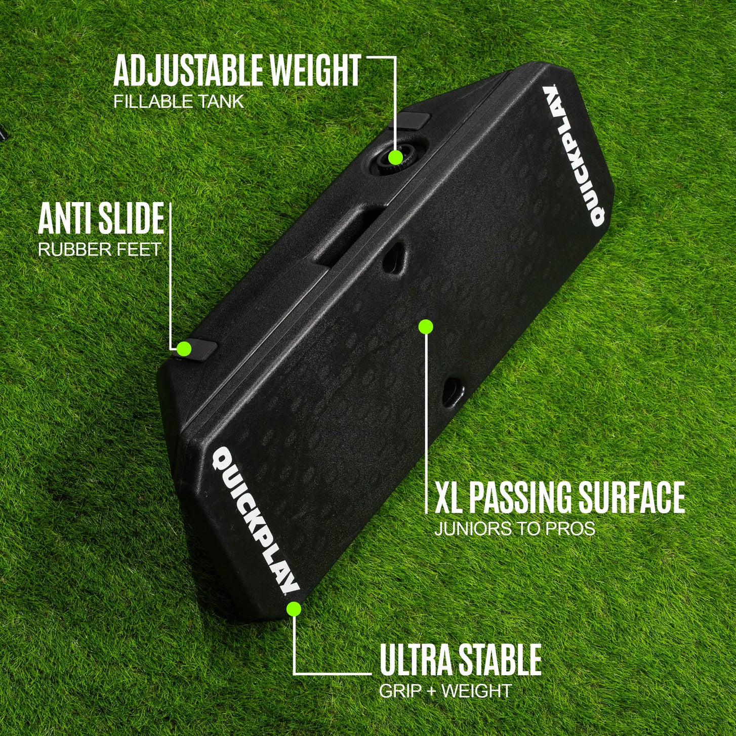 REPLAY Boombox Feature-Grafik mit den Texten „adjustable weight fillable tank“, „anti slide rubber feet“, „XL passing surface“ und „ultra stable“.