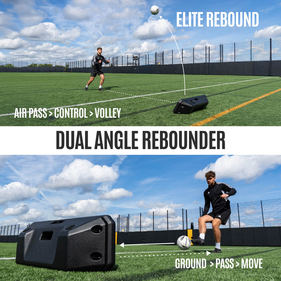 REPLAY Boombox Grafik zum Rebounder mit Doppelwinkel: oben „air pass, control, volley“, unten „ground pass, move“.
