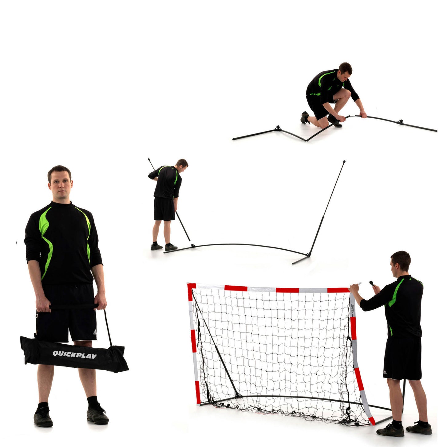 Tragbares Handballtor 300 x 200 cm, Aufbauschritte vor weißem Hintergrund: Ein Mann hält die QUICKPLAY Tasche, legt den Rahmen aus und bringt das Netz an.