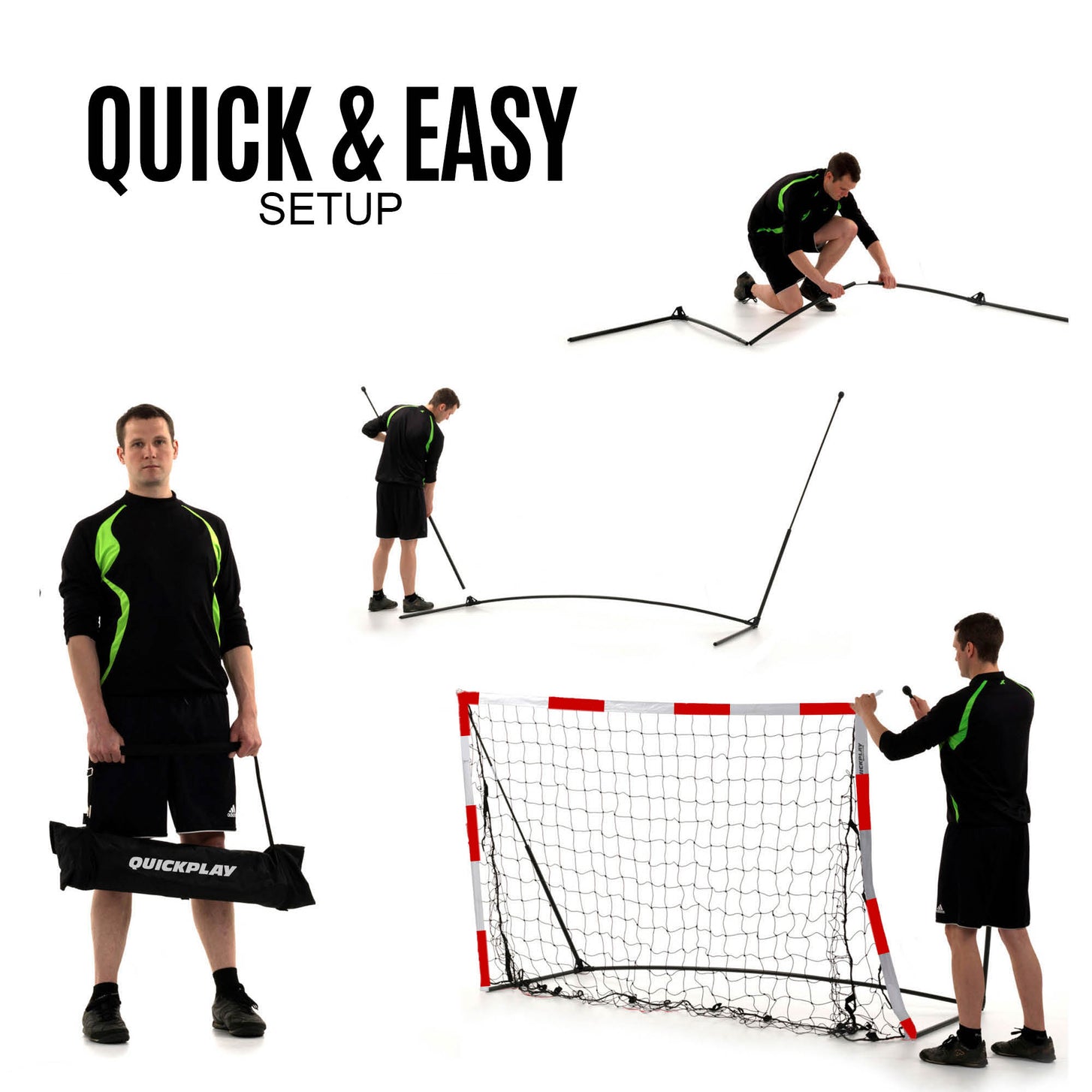 Tragbares Jugend-Handballtor 240 x 170 cm, Aufbauschritte: Mann trägt eine schwarze QUICKPLAY Tasche und baut dann den Rahmen auf. Text „quick & easy setup“.