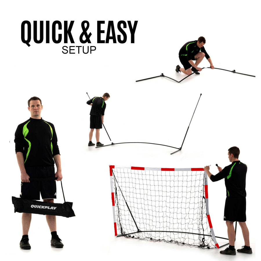Tragbares Jugend-Handballtor 240 x 170 cm, Aufbauschritte: Mann trägt eine schwarze QUICKPLAY Tasche und baut dann den Rahmen auf. Text „quick & easy setup“.