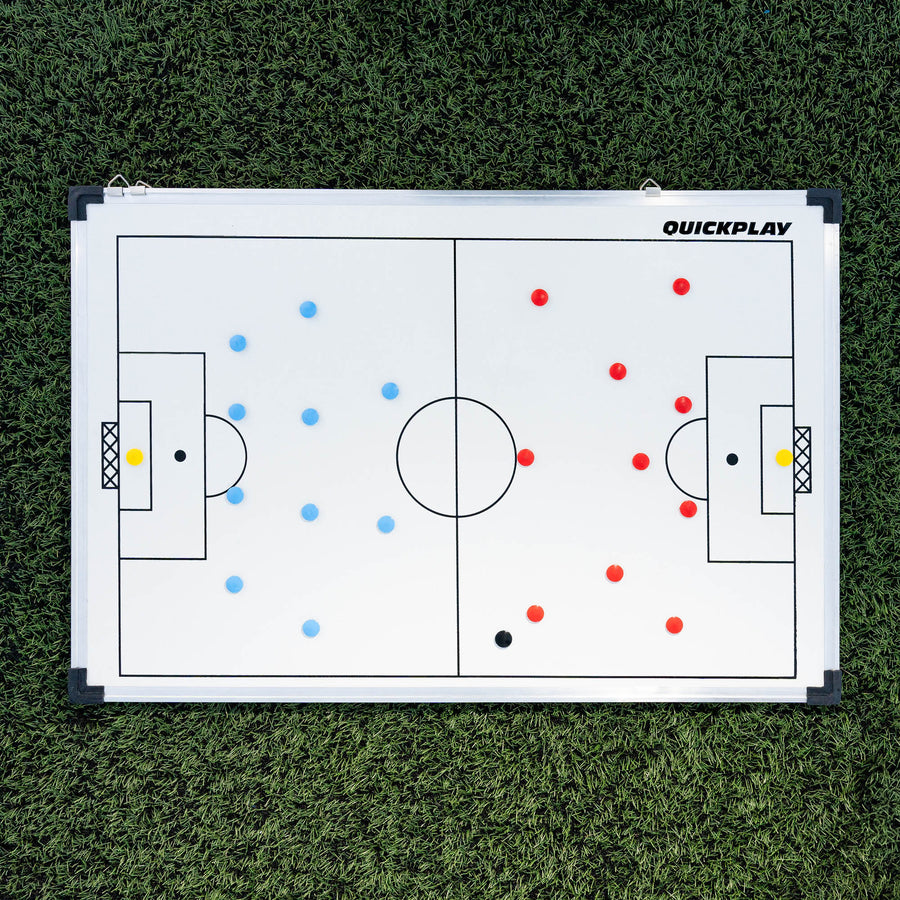 Magnetische Fußball-Taktiktafel 60 x 90 cm flach auf Kunstrasen, mit roten und blauen Magnet-Teams aufgestellt.